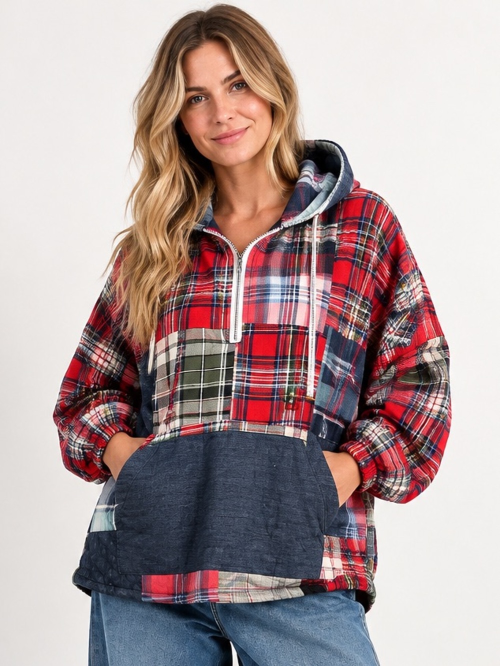 New nwt Sacred Threads Red Multicolor Plaid Hoodie Jacket S/M